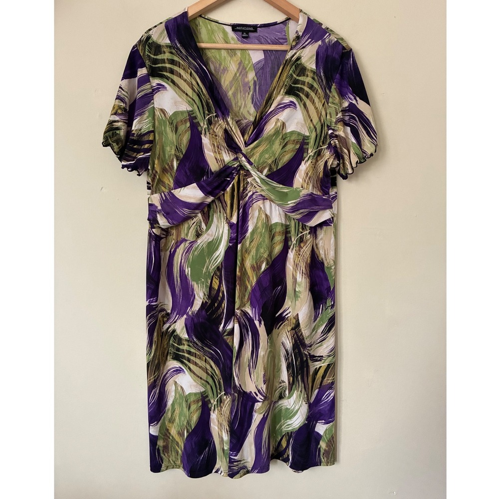 Notations Purple Green Abstract Swirl V-Neck Knot Front Y2K Dress XL